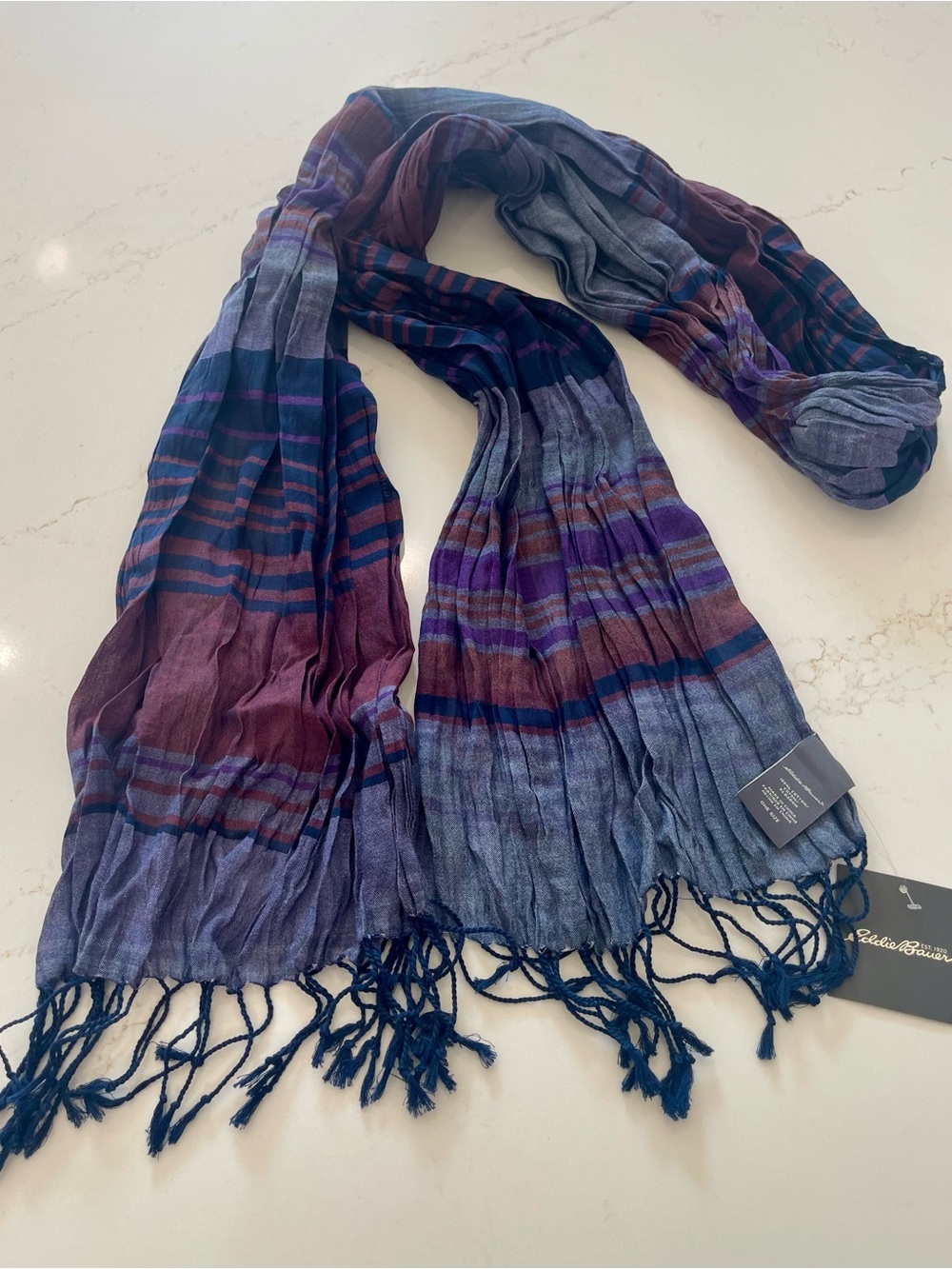 Eddie Bauer 100% Cotton Striped Fringe Scarf in Blue, Purple & Burgundy, NWT